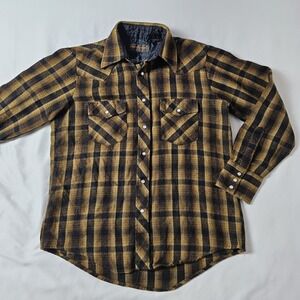 Vtg David Harrison Acrylic ‎ Flannel Pearl Snap Shirt Gold & Black Plaid Mens M